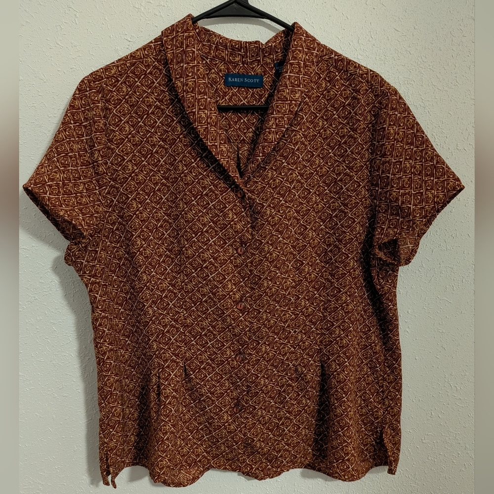 Karen Scott Women's Red-Brown Diamond-Patterned Short Sleeve Blouse (L)